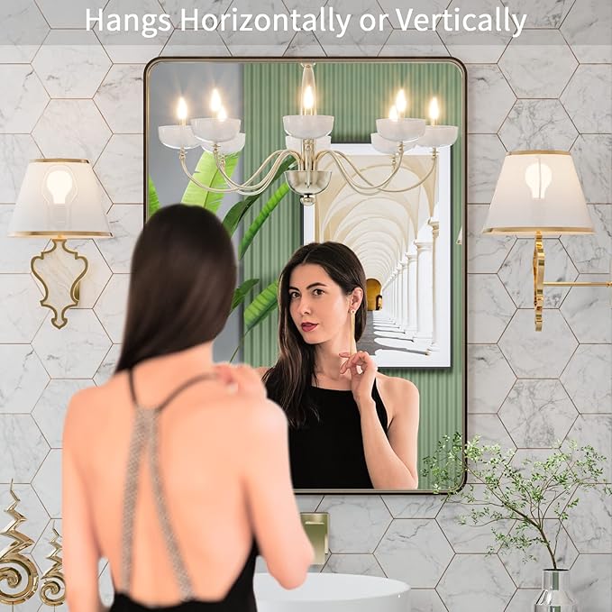 LOAAO 20”X30” Bronze Bathroom Mirrors for Vanity, Rounded Rectangle Brushed Bronze Metal Frame Mirror, Anti-Rust, Hangs Horizontally or Vertically
