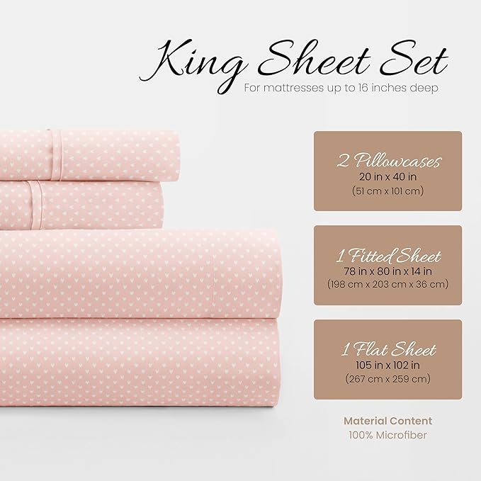 Linen Market 4 Piece King Sheet Set - Breathable, Double-Brushed Patterned Cooling Sheets – Oeko-TEX Certified Ultra Soft & Wrinkle-Free 16" Deep-Pocket King Sheets - Easy Care My Heart Pink
