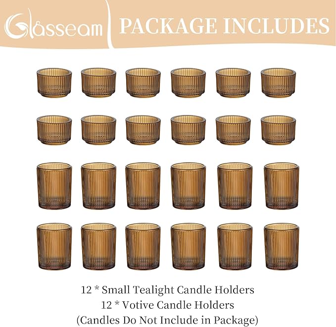 Glasseam Amber Tealight Candle Holders: 24pcs Ribbed Small Votive Holders Bulk for Thanksgiving Table Centerpiece Fall Wedding Christmas Decor