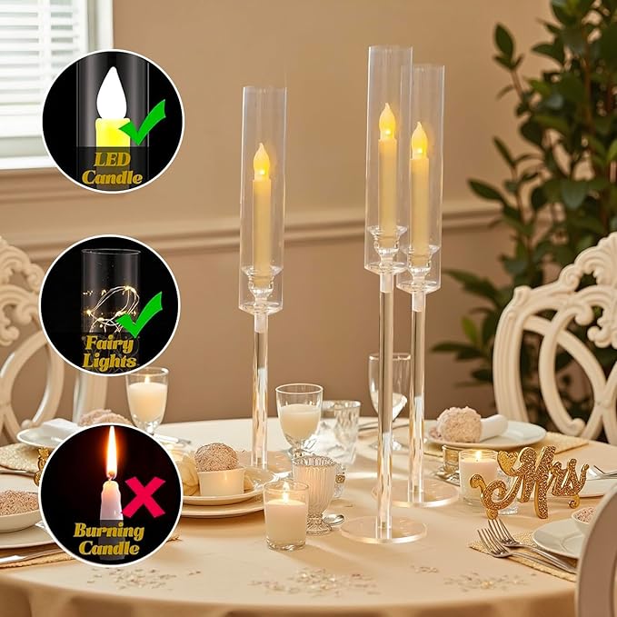Vincidern 12pcs Taper Candle Holder Acrylic Candlestick Holder Clear Set for Table Centerpiece, Long Candle Stick Candle Stand Cylinder Shade for Halloween, Christmas Wedding Party Dining Room Decor