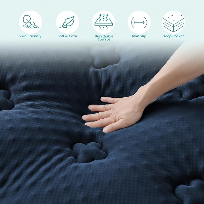 Hansleep King Mattress Topper Viscose Derived from Bamboo, Memory Foam Pillow Top Mattress Topper King with Deep Pocket, Breathable Mattress Pad for Back Pain Relief, 78" x 80", Navy Blue