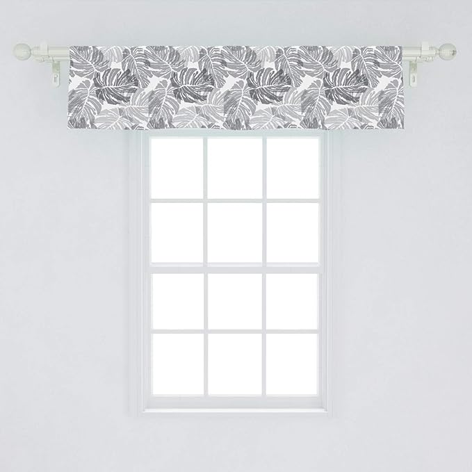 Ambesonne Tropical Window Valance, Exotic Jungle Palm Leaves Print in Greyscale Shades Floral Details, Curtain Valance for Kitchen Bedroom Decor with Rod Pocket, 54" X 12", Dimgray Pale Taupe White
