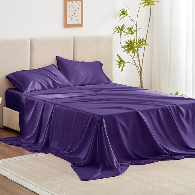 Love's cabin Satin Queen Sheets Set - 4 Piece Purple Silky Bed Sheets Set with Deep Pocket, Luxury Silk Feel Satin Queen Size Sheet Set (1 Flat Sheet,1 Fitted Sheet,2 Pillow Cases)