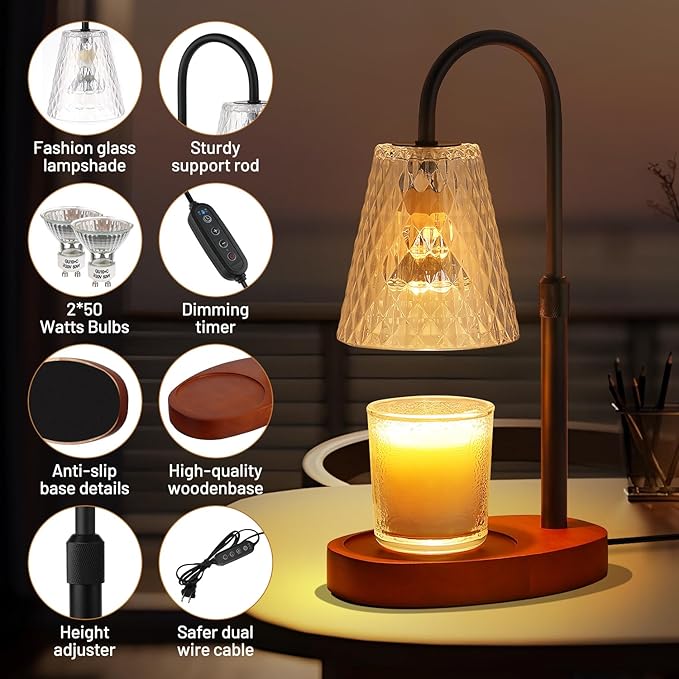 Candle Warming Lamp with Timer : Adjustable Light Level Adjustable Height Flameless Safety Candle Lamps - Jar Candles Home Decoration