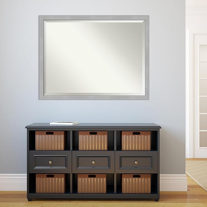 Amanti Art Silver Bathroom Mirror for Over Sink, 33x43 Vista Brushed Nickel Narrow Rectangle Vanity Mirror, X-Large Casual Frame, Hangs Horizonally and Vertically, Bathroom Wall Decor, Beveled Edge