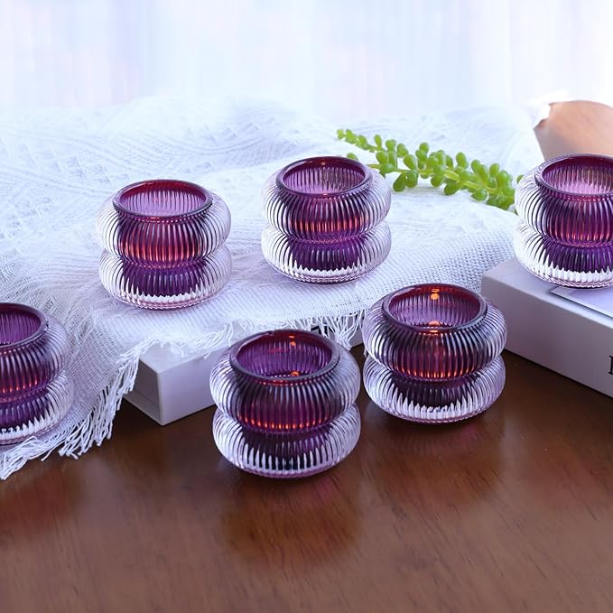 Woho Ribbed Votive Candle Holders Set of 6 for Wedding Decor, Vintage Tealight Candle Holder for Halloween/Thanksgiving, Glass Tea Lights Candle Holder for Dinner Table (Purple, 2.1" H X 2.75" D)