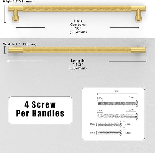 10 Pack Brushed Gold Knurled Cabinet Pulls 10 Inch(254mm) Kitchen Cabinet Handles Solid Zinc Alloy Cabinet Hardware Drawer Pulls