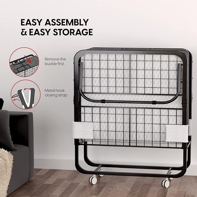EconoHome Folding Bed with Mattress - 75x31 Cot Size Frame - Portable Rollaway Guest Bed with 5-inch Memory Foam Mattress - Space-Saving Foldable Design for Easy Storage (31 Inch)