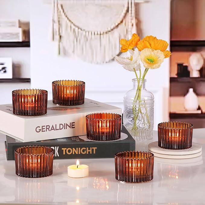 24 pcs Large Tea Light Holders, Amber Glass Candle Holders, Votive Candle Holders for Table Centerpiece Wedding Table Decor