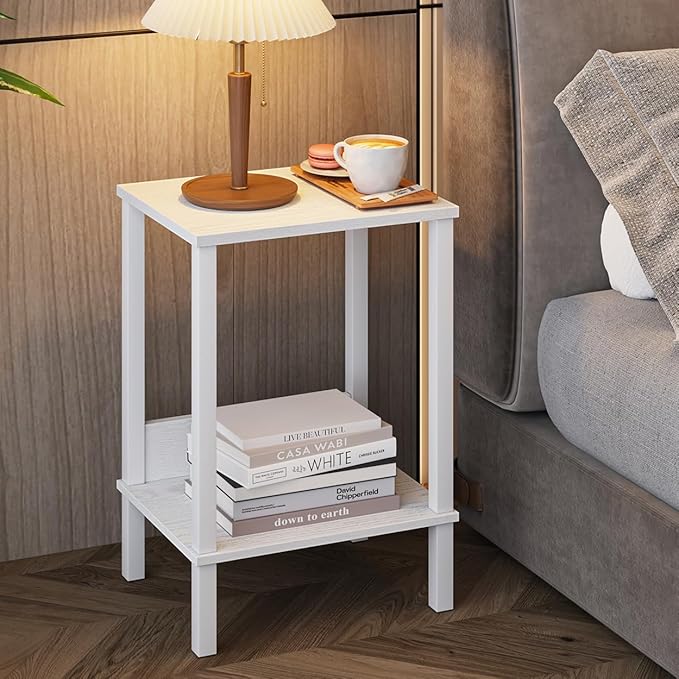 End Table, Side Table, Set of 2, Nightstands with 2-Tier Storage Shelves, Sofa Tables for Small Space, Coach Table for Living Room Bedroom, White UTBT101W2