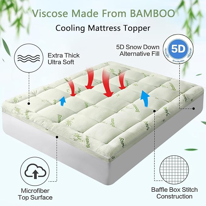 Premium Viscose Made from Bamboo Queen Size Mattress Topper for Back Pain, 1200 GSM Quilted Fitted Extra Thick Mattress Pad,Pillow Top Mattress Cover with Deep Pocket Up to 21 Inches（60 * 80inch）