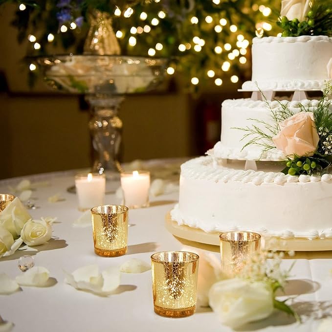 DEVI Gold Votive Candle Holders 24 Pcs, Mercury Tealight Candle Holder Glass, Gold Wedding Centerpieces for Table Decorations, Valentine Diwali Party Bridal Shower Decorations