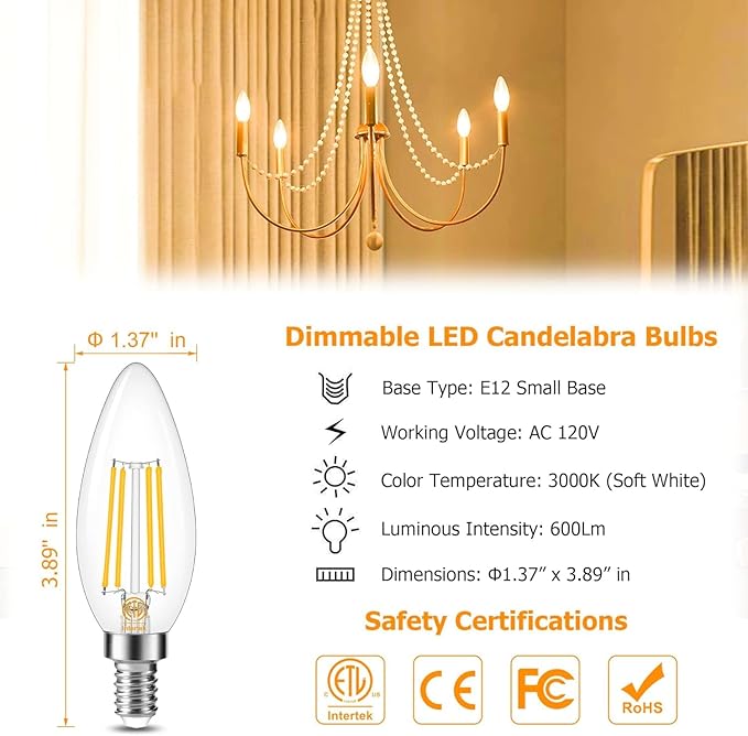 Cotanic E12 LED Bulb Dimmable 3000K Soft White, LED Candelabra Bulbs 60Watt Equivalent, Small Base Type B Light Bulbs, Candle Shape Chandelier Light Bulbs Clear Glass, 600LM, 12 Pack