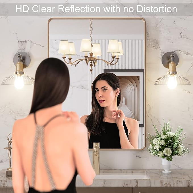 LOAAO 24”X32” Gold Bathroom Mirror, Rounded Rectangle Gold Frame Mirror, Brushed Gold Bathroom Vanity Mirror Wall-Mounted, Anti-Rust, Hangs Horizontally or Vertically