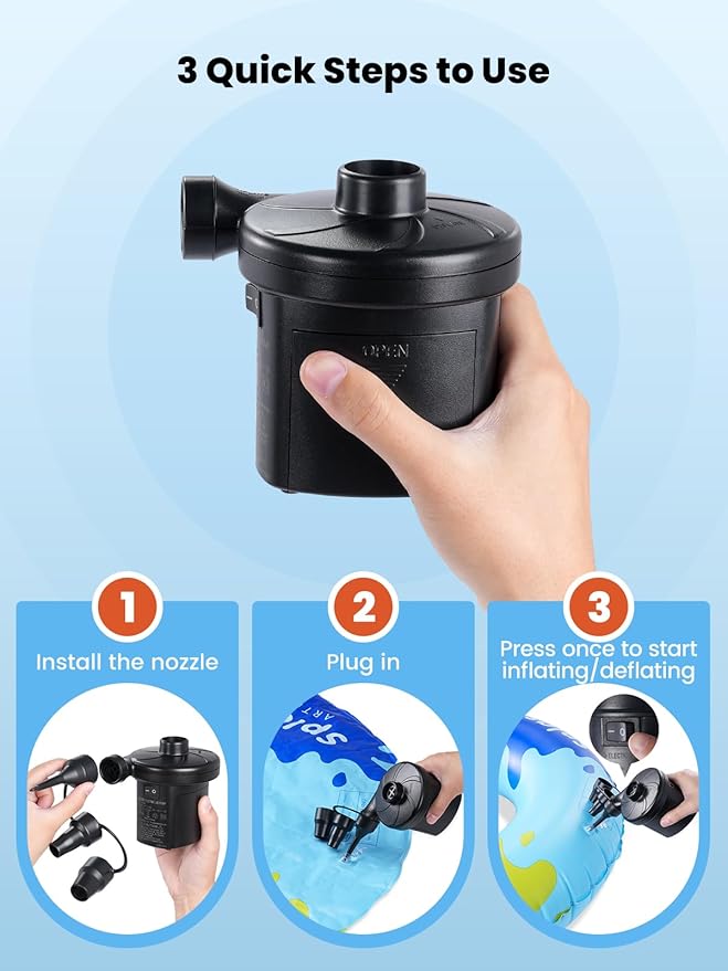 Air Mattress Pump, 3 Ways Powered Portable Electric Air Pump with 3-Nozzle AC 110V, DC 12V, Battery Operated Quick-Fill Inflator Deflator for Inflatable Pool Float Air Bed Boat Swimming Ring