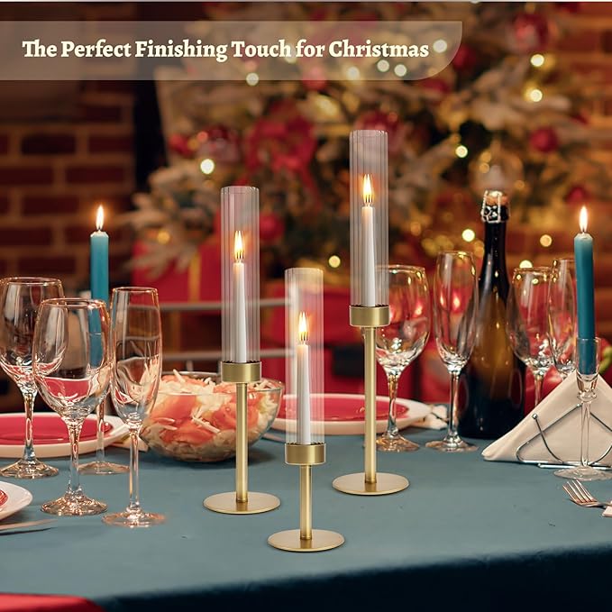 Gold Hurricane Glass Candle Holders: Cadhodenm Tall Glass Candlestick Holder for Wedding Set of 3 Brass Taper Candle Holders Modern Candle Sticks Holder for Table Centerpiece Party Christmas Home