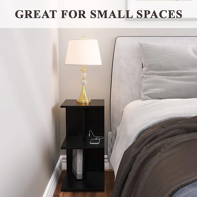 ZGREN End Table with Charging Station, Narrow Side Tables for Small Spaces USB Ports and Outlets Rolling Bedside Nightstand Sofa Couch Slim Shelf Night Stand Living Room, Bedroom, Black