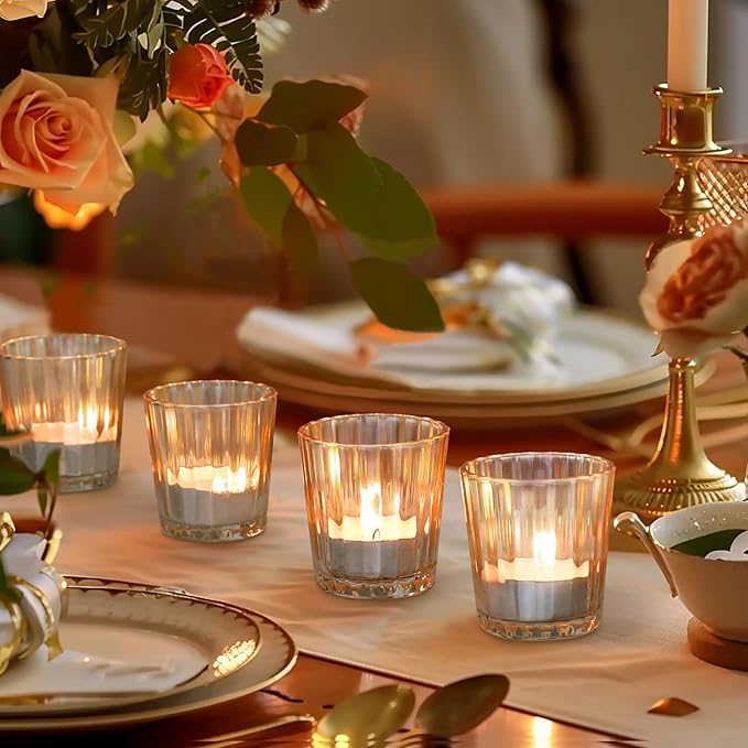 ComSaf Votive Candle Holders, 24 PCS Glass Candle Holders, Ribbed Tealight Candle Holder for Table Centerpieces, Gold Candle Holder for Wedding, Party, Baby Shower, Special Occasions, Fall Home Decor