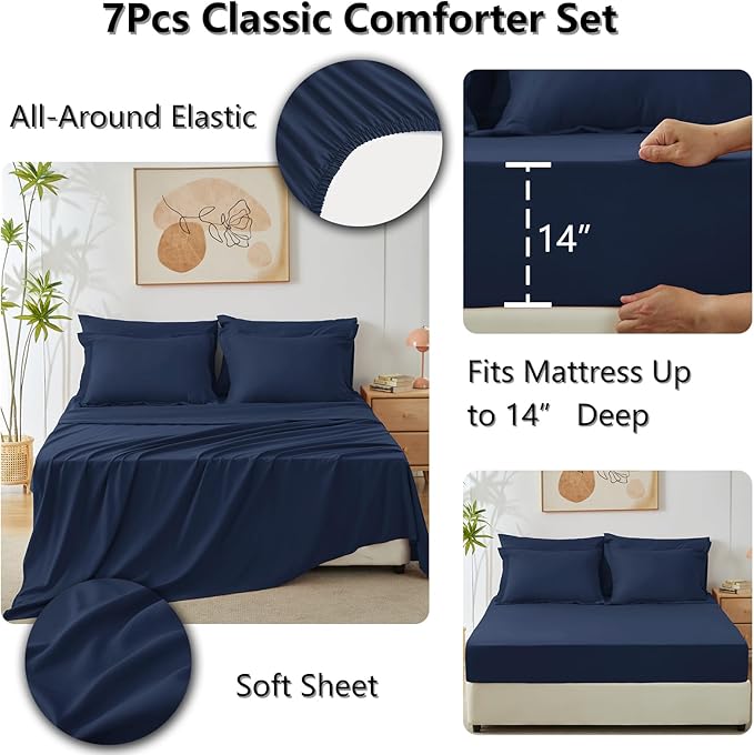 CozyLux Oversized Queen Comforter Set Navy Blue, 7 Pieces Bed in a Bag Comforter Set with Sheets Luxury Bed Set All Seasons, Bedding Set with Down Alternative Comforter, Sheets, Pillowcases & Shams