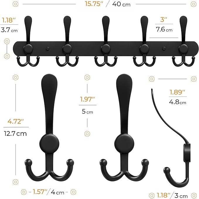 Coat Rack Wall Mount with 5 Tri Hooks, Stainless Steel 16 Inch – Black Matte Finish, Heavy Duty Wall Mounted Hook Rack for Coats, Hats, Towels, Scarfs, Robes, Bags, Entryway & Bathroom