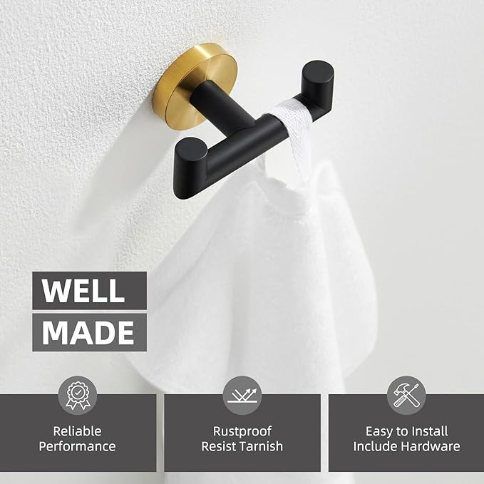Angle Simple Double Towel Hook, Stainless Steel Hand Towel Holder for Bathroom, Coat Hook for Wall, Black and Gold