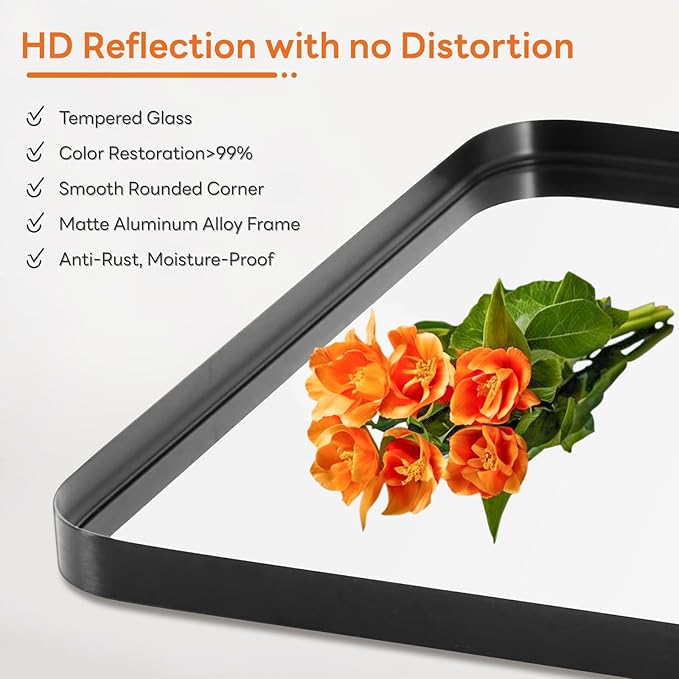 Bathroom Mirror 30x22 Inch Black Metal Framed Rounded Rectangle Vanity Mirror for Wall, Over Sink, Farmhouse, Restroom, Anti-Rust, Modern Decorative, Horizontal or Vertical Hanging