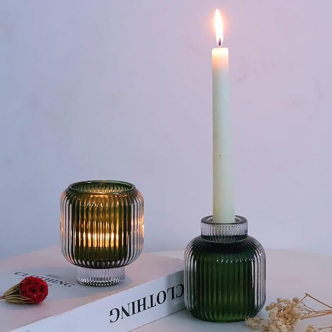 Woho Green Votive Candle Holders Set of 2(3.5" H x 3.1" W), Ribbed Tealight Candle Holder Vintage for Christmas Dinner Table, Reversible Tea Lights Candle Holder Glass for Living Room Home Decor
