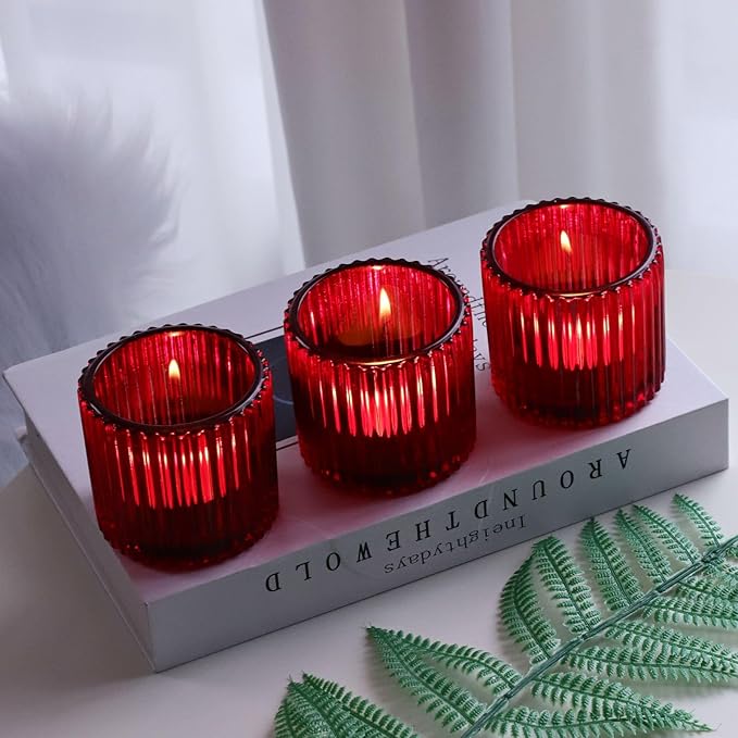 VOHO Red Votive Candle Holders for Christmas Valentines Day Decoration, Vintage Ribbed Tea Lights Candle Holder for Wedding, 6pcs Large Tealight Candle Holder for Votives Tea Lights(2.75'' x 2.56'')