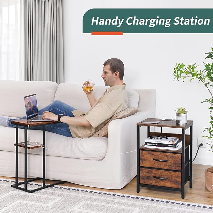 Yoobure Nightstand with Charging Station, Small Night Stand with Fabric Drawers and Storage Shelf for Bedrooms, Small Spaces, Bedside Table with USB Ports & Outlets