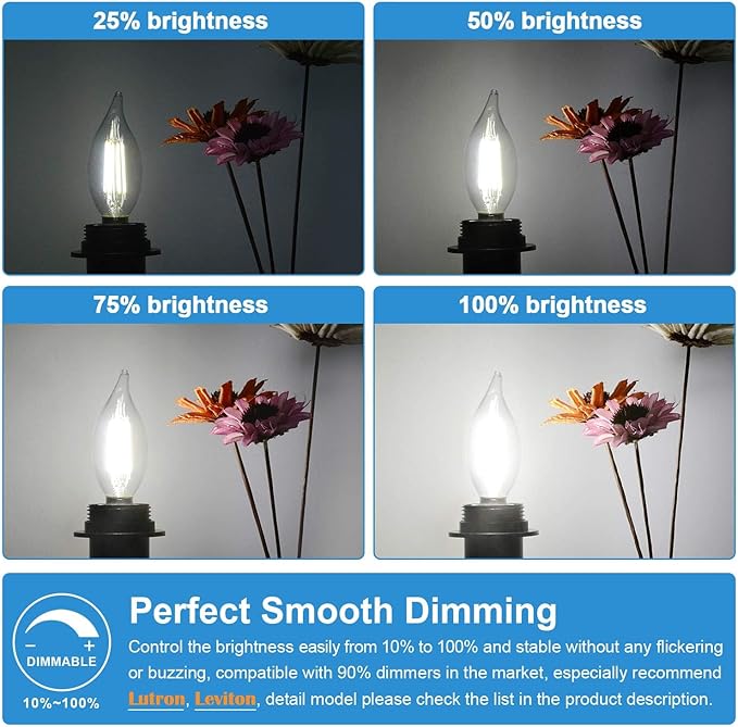 TOBUSA Dimmable E12 Candelabra LED Bulbs 60 Watt Incandescent Equivalent, 5000K Daylight White, Clear LED Chandelier Light Bulbs 6W, 600lm, CA11 Vintage Ceiling Fan Light Bulbs with Flame Tip, 6-Pack