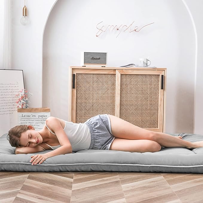 MAXYOYO Japanese Floor Mattress, Thicken Daybed Futon Sleeping Pad Foldable Roll Up Mattress Boys Girls Dormitory Floor Lounger Bed Couches and Sofas, Grey, Twin Size