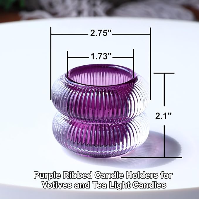 Woho Ribbed Votive Candle Holders Set of 6 for Wedding Decor, Vintage Tealight Candle Holder for Halloween/Thanksgiving, Glass Tea Lights Candle Holder for Dinner Table (Purple, 2.1" H X 2.75" D)
