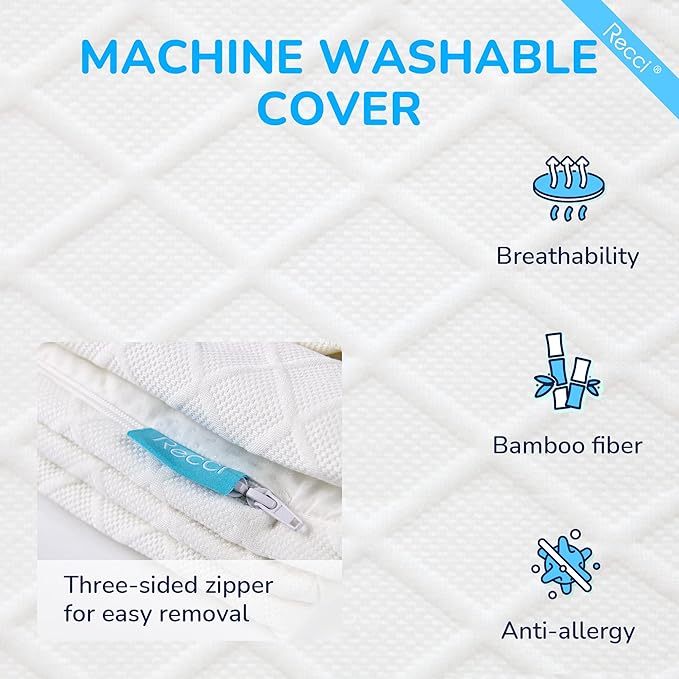 RECCI Memory Foam Mattress Topper, Pressure-Relieving Mattress Topper for Back Pain, Non-Slip Design with Removable & Washable Cover, CertiPUR-US Certified, 2 Inch Queen