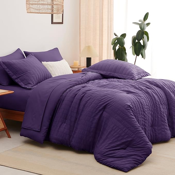 CozyLux Queen Comforter Set Purple Seersucker 7 Pieces Bed in a Bag Queen Comforter Set with Sheets, Luxury Soft Bedding Set with Down Alternative Comforter, Sheets, Pillowcases & Shams for All Season