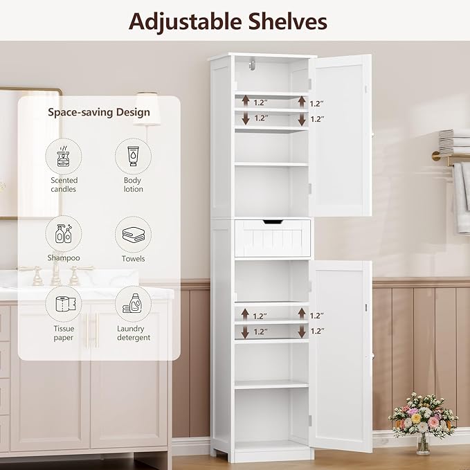 Iwell 67" Tall Bathroom Cabinet, Storage Cabinet with 2 Doors & 1 Drawer, Bathroom Storage Cabinets with Adjustable Shelves, for Living Room, Entryway, Home Office, White