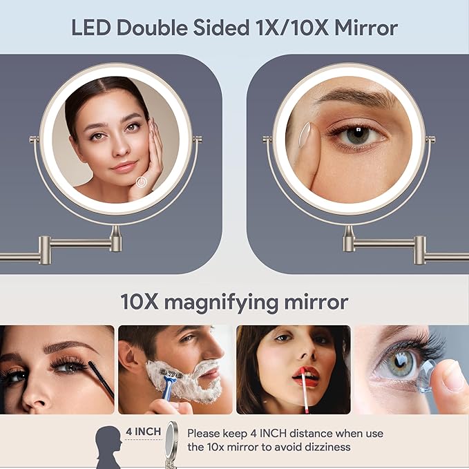 Rocollos Rechargeable Wall Mounted Lighted Makeup Mirror, 8 Inch Double-Sided LED Vanity Mirror 1X/10X Magnification,3 Color Lights Touch Screen Dimmable 360°Swivel 13 Inch Extendable