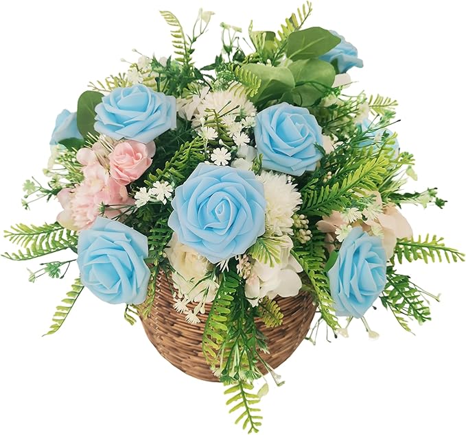 Artificial Rose Flowers 25pcs, Light Blue Foam Fake Rose Faux Flower for Wedding Bouquets Bridal Shower Centerpieces Floral Arrangements Home Decorations Party Backdrops Table