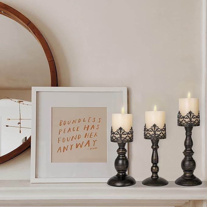 Distressed Black Candle Holders for Pillar Candles Set of 3, Vintage Crown Candle Stands for Table Centerpiece Decor, Tall Antique Metal Candle Holder Set for Fireplace Decoration, Ideal Gift
