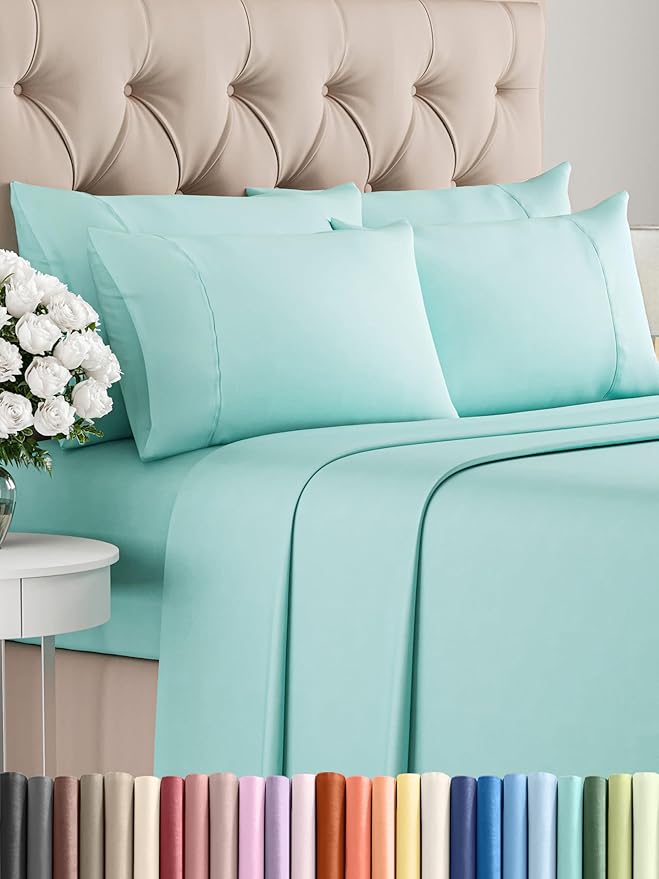 Full 6 Piece Sheet Set - Comfy Breathable & Cooling - Ultra Soft Hotel Luxury Bedding Set w/ 8-16 Inch Deep Pockets - 1 Flat & 1 Fitted Sheet & 4 Pillowcases - Wrinkle Free and Easy Care - Spa Blue