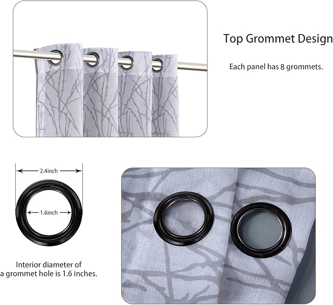 BONZER Mix and Match Curtains - 2 Pieces Branch Print Sheer Curtains and 2 Pieces Blackout Curtains for Bedroom Living Room Grommet Window Drapes, 54x84 Inch/Panel, Light Grey, Set of 4 Panels