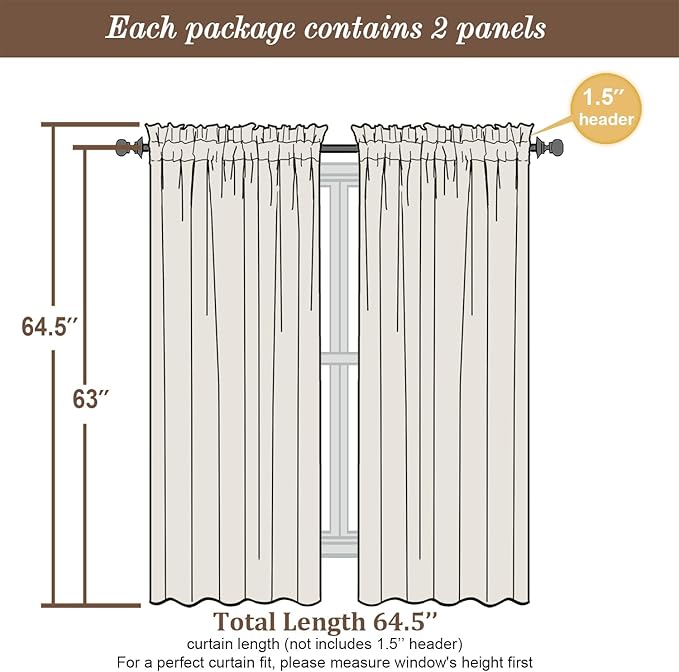 Chyhomenyc Taupe Sheer Curtains 63 Inch Length 2 Panels, Light Filtering Airy Rod Pocket Window Curtain Treatment Drapes for Bedroom Living, Each 42Wx63L Inches