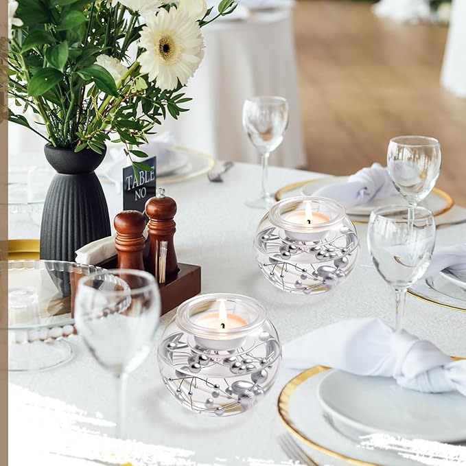 8 Pcs Glass Clear Votive Floating Candle Holders with 8 Pcs Bright Pearl String Beads, Tealight Bowl Candle Holder Bulk for Wedding Centerpiece Home Bridal Shower Party Decor (Silver)