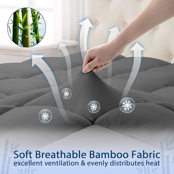 ELEMUSE California King Grey Cooling Bamboo Viscose Mattress Topper for Back Pain, Extra Thick Mattress Pad Cover, Plush Soft Pillowtop with Elastic Deep Pocket, Overfilled Down Alternative Filling