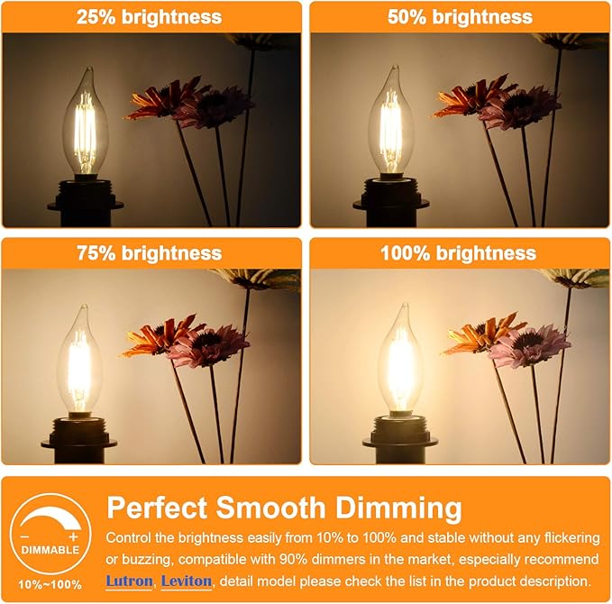 Dimmable E12 Candelabra LED Bulbs 60 Watt Incandescent Equivalent, 2700K Warm White, Clear Filament LED Chandelier Light Bulbs 6W, 600lm, CA11 Vintage Ceiling Fan Light Bulb with Flame Tip, 12-Pack