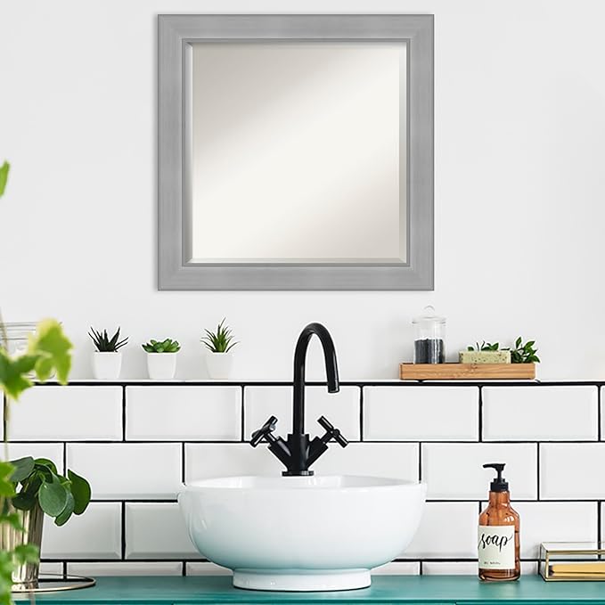 Amanti Art Silver Bathroom Mirror for Over Sink, 24x24 Vista Brushed Nickel Square Vanity Mirror, Medium Casual Frame, Hangs Horizonally and Vertically, Bathroom Wall Decor, Beveled Edge