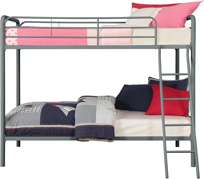 DHP Twin-Over-Twin Bunk Bed with Metal Frame and Ladder, Space-Saving Design, Silver Twin/Twin