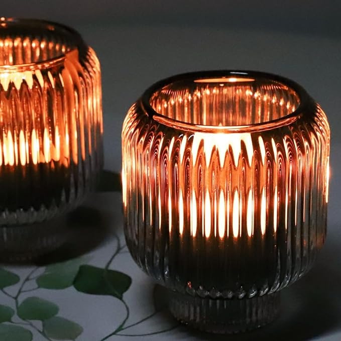 Woho Grey Ribbed Votive Candle Holders Set of 4, Vintage Tea Lights Candle Holder for Daily Home Decor, Glass Tealight Candle Holder for Halloween/Thanksgiving Decor(Grey, 3.5'' Tall 3.1'' Diameter)