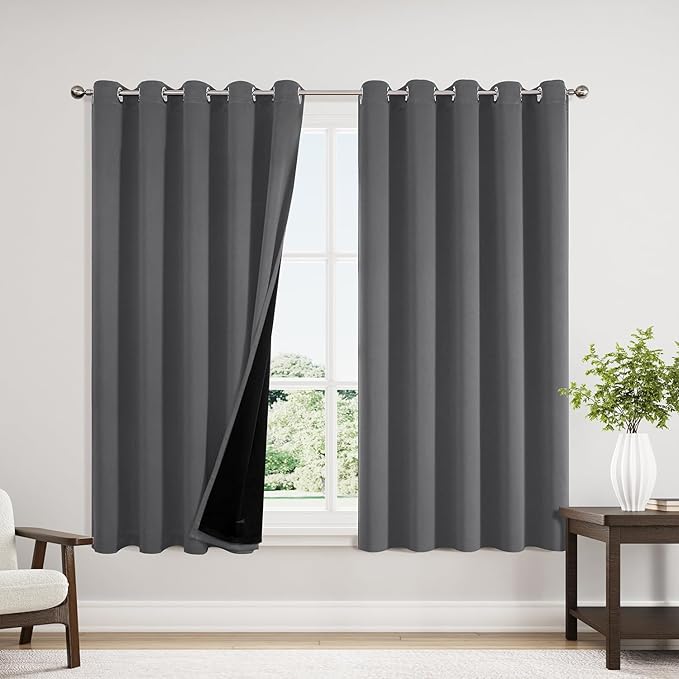 ChrisDowa 100% Blackout Curtains 63 inch Long for Bedroom with Black Liner, Extra Wide 2 Thick Layers Total Blackout Thermal Insulated Grommet Window Curtains 2 Panels Set (Grey, 60 x 63 Inch)