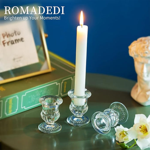 20 Pcs Glass Taper Candle Holders - Romadedi Clear Small Candlestick Holder Bulk, Thicker Glass Candle Sticks Set for Wedding Christmas Party Dining Table Table Centerpiece Decor