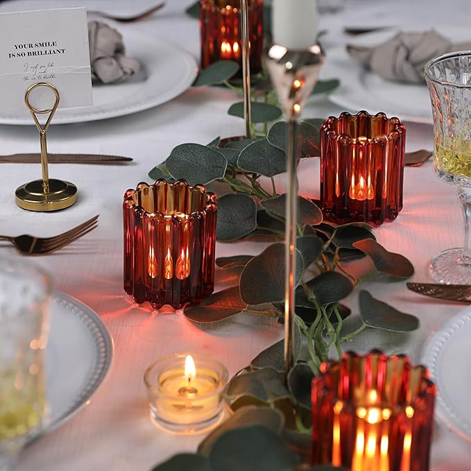 6pcs Votive Candle Holder, Amber Glass Vintage Candle Holders, Tealight Candle Holder for Boho Fall Wedding Centerpieces Dinner Party Table Decor